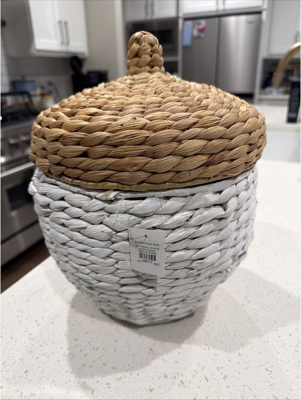 Pottery Barn Acorn Seagrass Storage Basket w/ Lid White Natural - NWT